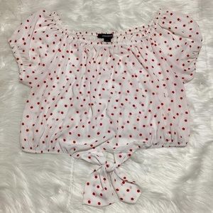 Ashley Steward White Red Polkadots Sheer Top Short Sleeves Blouse Front Tie